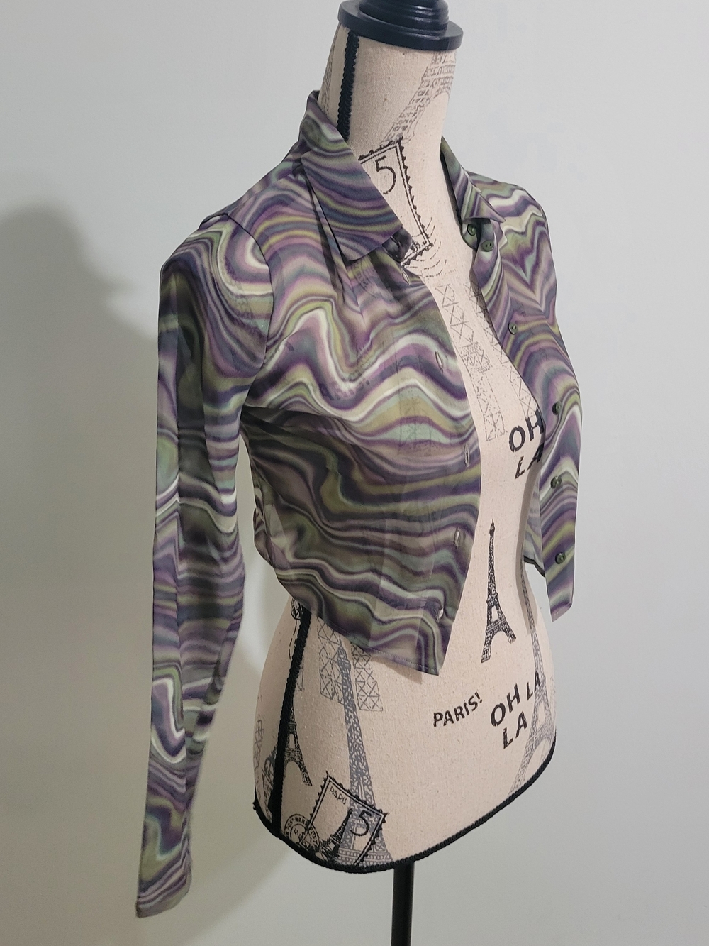 Pull&Bear Wavy Marble Button-Down Crop Shirt - Purple/Green
